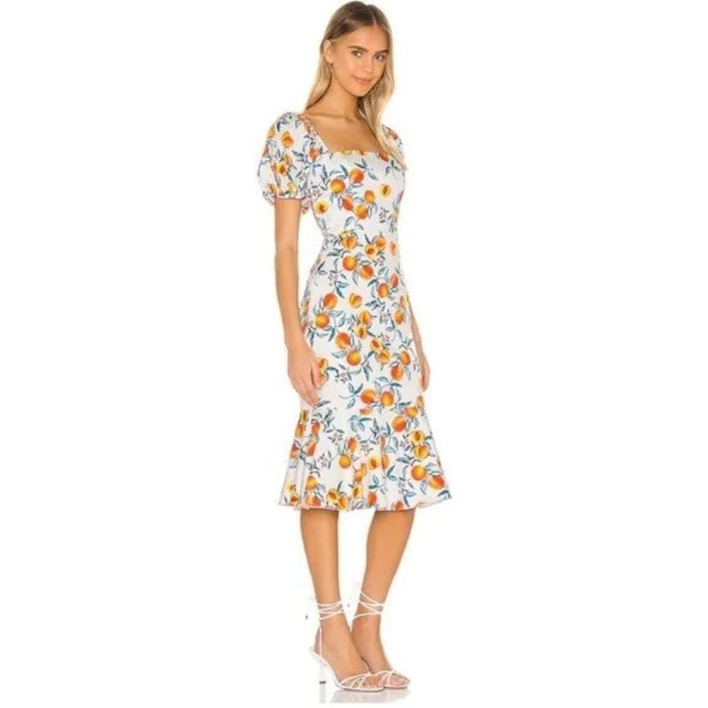 Amanda Uprichard Senorita peach-printed flounce midi dress Womens S Puff Sleeve
